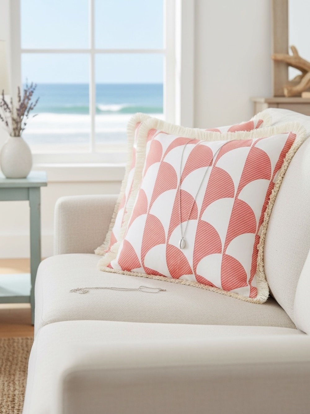 Hofdeco 20" Coastal Coral Pink Outdoor Pillow Cover Fringe NWOT